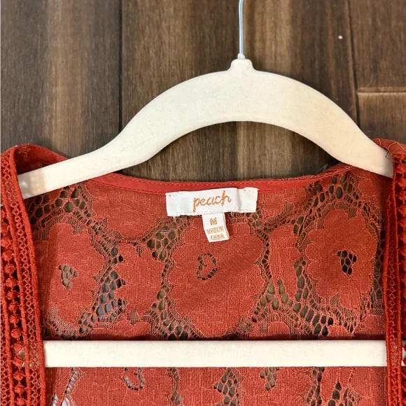 Sz M Rust Orange Lace Kimono Shawl Cardigan Poncho Tassels Poms Front Tie - Picture 7 of 9